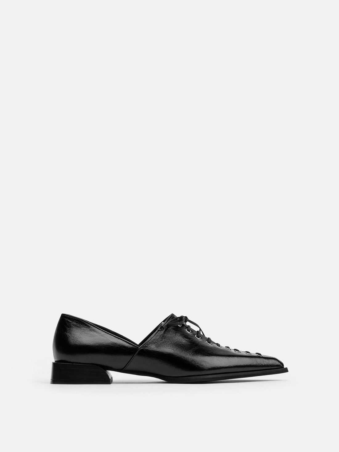 Kaley Black Leather Pointed-toe lace-up flat - Side View - POEVE Collection