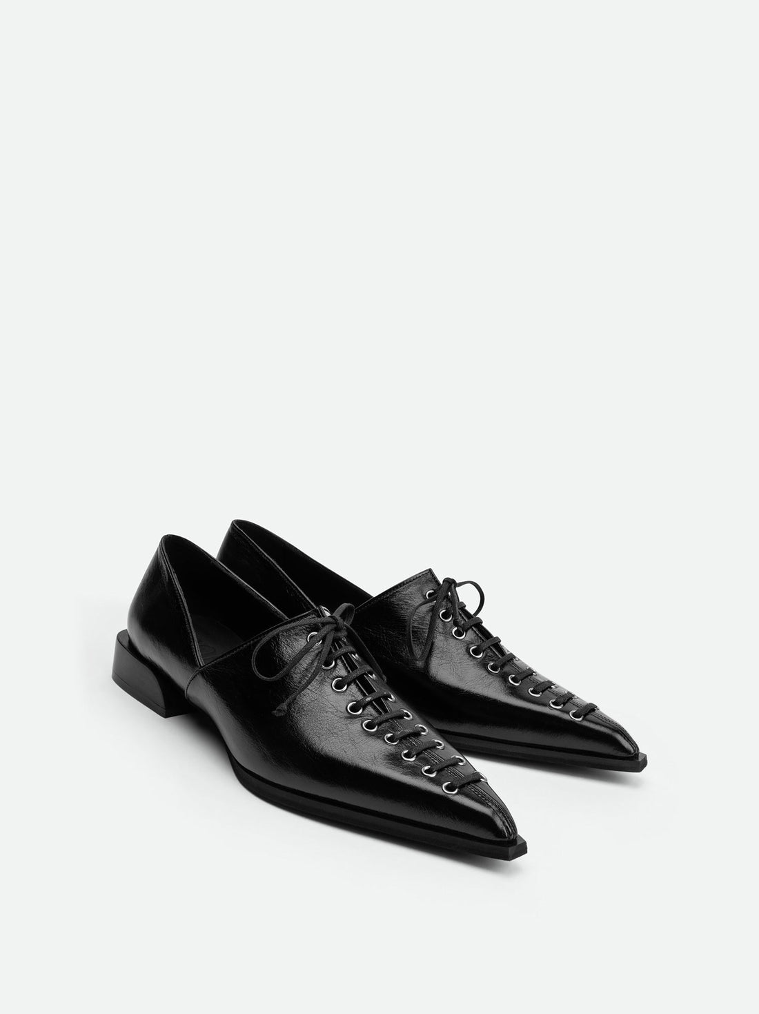 Kaley Black Leather Pointed-toe lace-up flat - Angled Side View - POEVE Collection