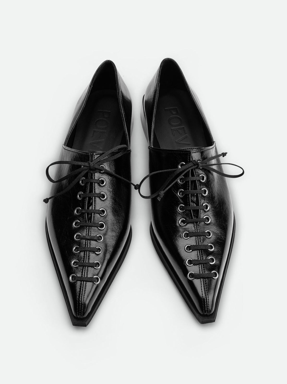 Kaley Black Leather Pointed-toe lace-up flat - Top View - POEVE Collection