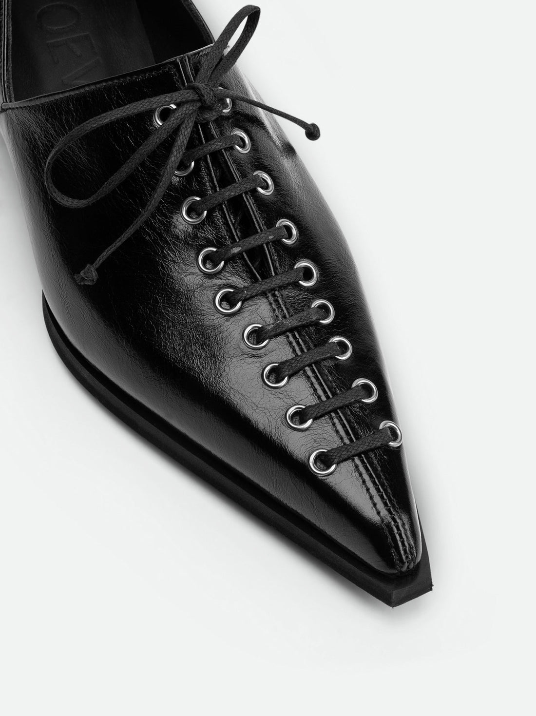 Kaley Black Leather Pointed-toe lace-up flat - Toe Close-up View - POEVE Collection