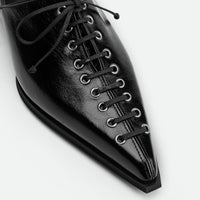 Kaley Black Leather Pointed-toe lace-up flat - Toe Close-up View - POEVE Collection