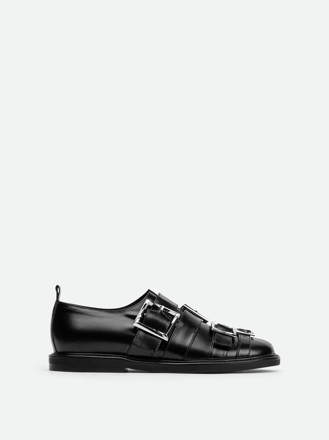Mira Black Brushed Leather Flat Shoes – Side View – POEVE Collection