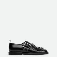 Mira Black Brushed Leather Flat Shoes – Side View – POEVE Collection