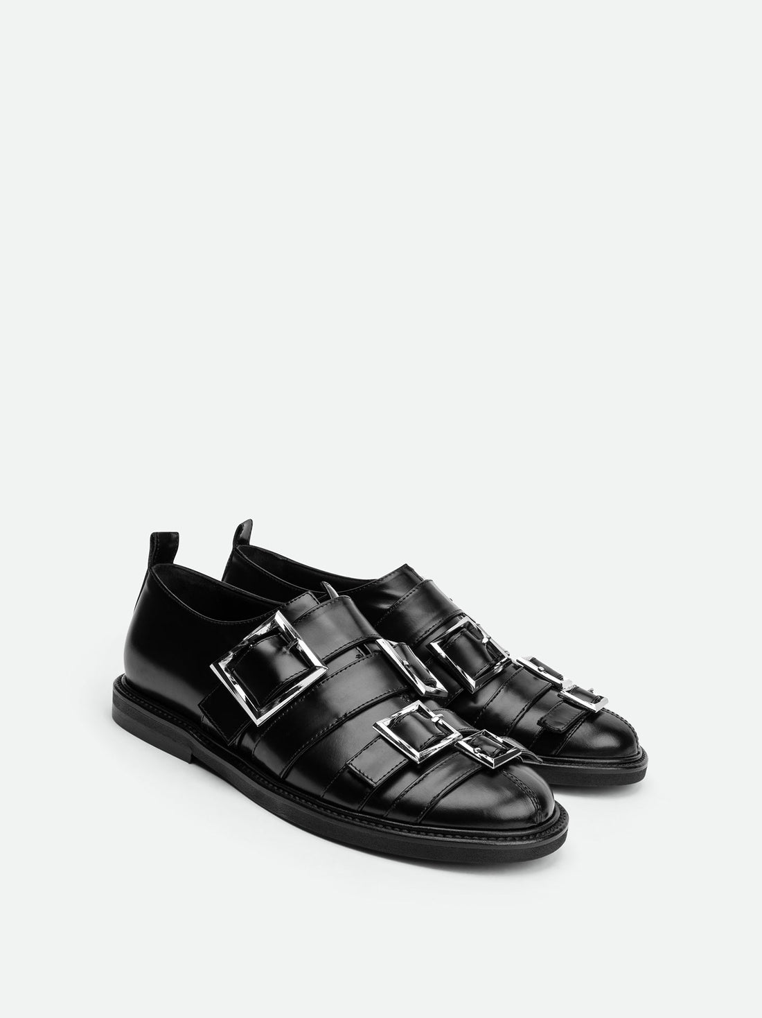 Mira Black Brushed Leather Flat Shoes – Angled Side View – POEVE Collection