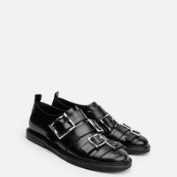 Mira Black Brushed Leather Flat Shoes – Angled Side View – POEVE Collection