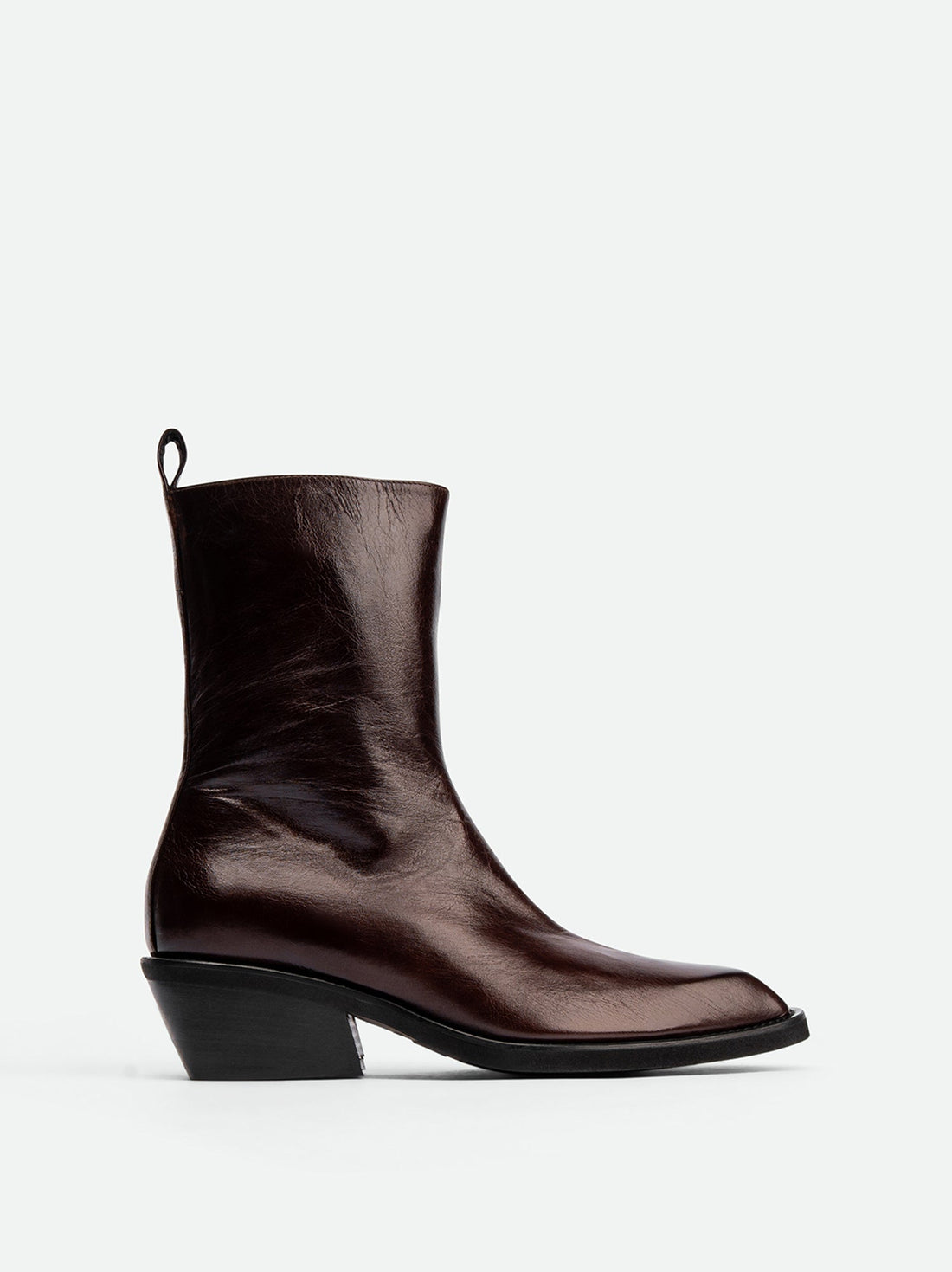Elow Dark Brown Crinkled Glossy Leather Ankle Boots – Side View – POEVE Collection