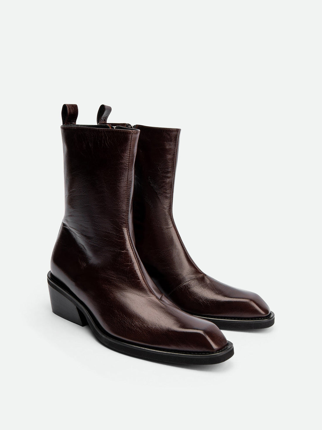 Elow Dark Brown Crinkled Glossy Leather Ankle Boots – Angled View – POEVE Collection