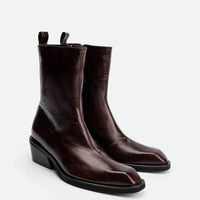 Elow Dark Brown Crinkled Glossy Leather Ankle Boots – Angled View – POEVE Collection