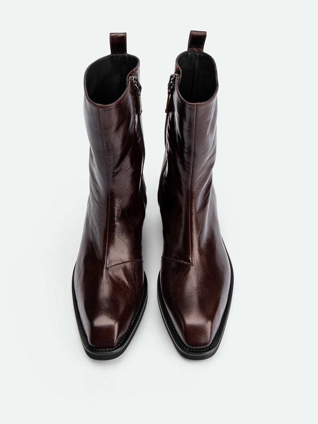 Elow Dark Brown Crinkled Glossy Leather Ankle Boots – Top View – POEVE Collection