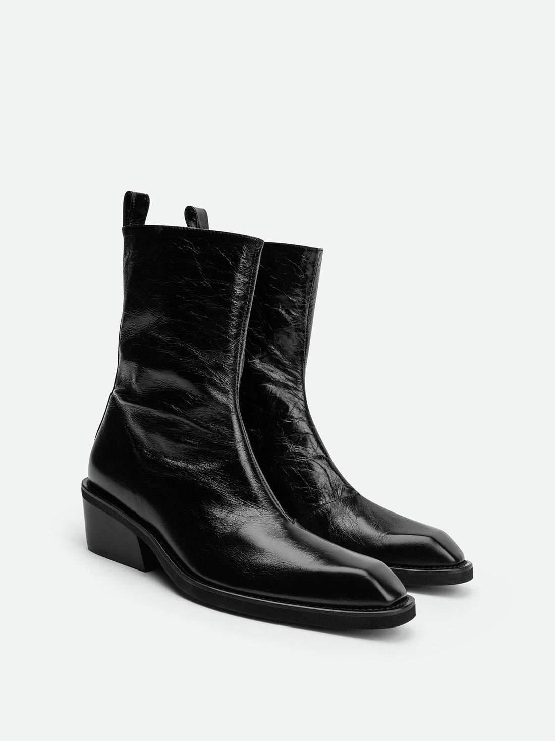 Elow Black Crinkled Glossy Leather Ankle Boots – Angled View – POEVE Collection