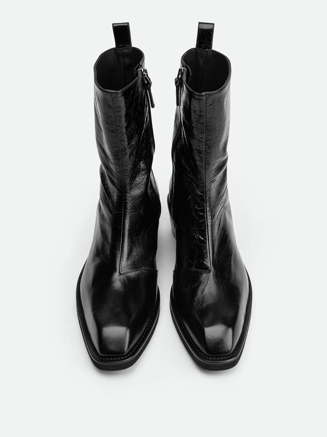 Elow Black Crinkled Glossy Leather Ankle Boots – Top View – POEVE Collection