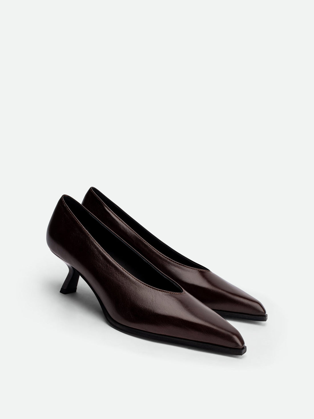 Yonne Dark Brown Crinkled Glossy Leather Pumps – Angled View – POEVE Collection