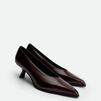 Yonne Dark Brown Crinkled Glossy Leather Pumps – Angled View – POEVE Collection
