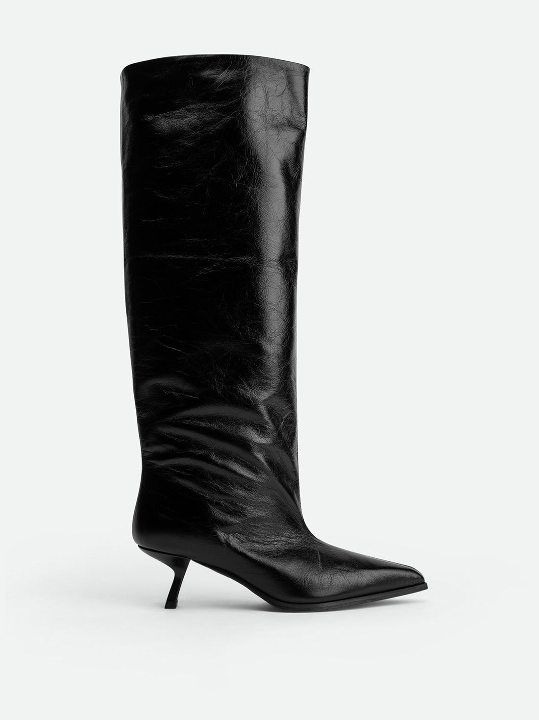 Auree Black Crinkled Glossy Leather Knee-High Boots – Side View – POEVE Collection