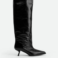 Auree Black Crinkled Glossy Leather Knee-High Boots – Side View – POEVE Collection