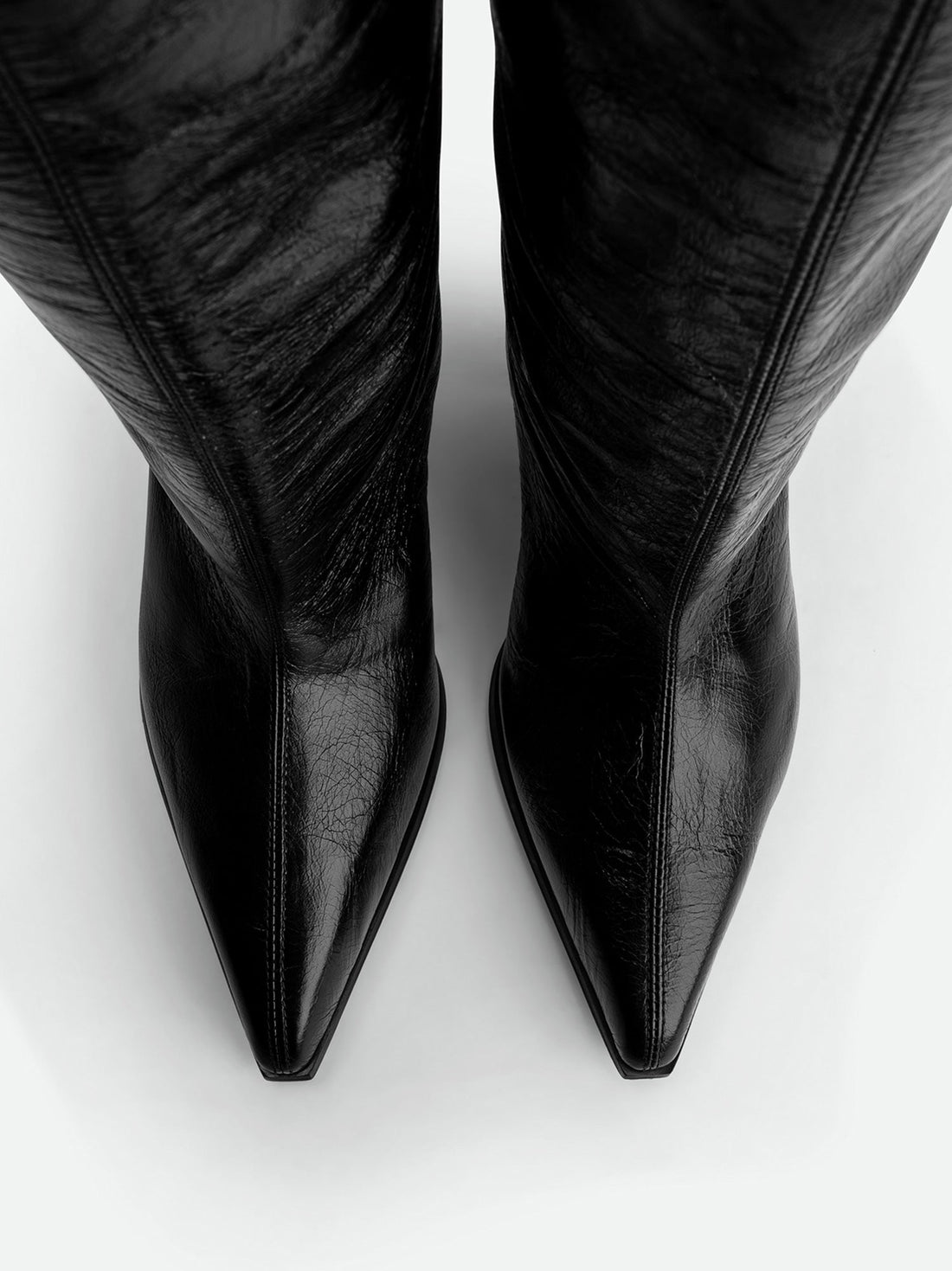 Auree Black Crinkled Glossy Leather Knee-High Boots – Top View – POEVE Collection