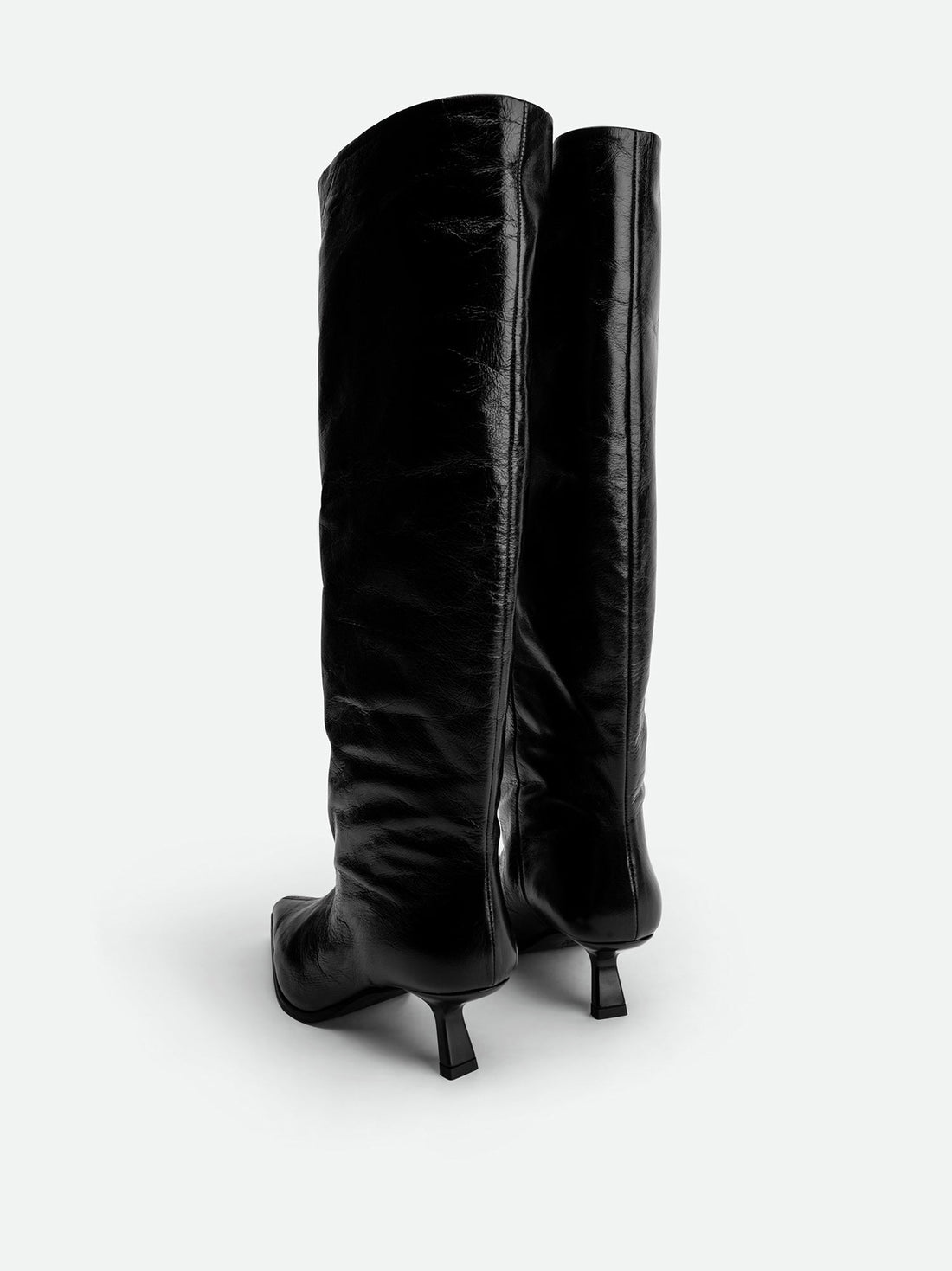 Auree Black Crinkled Glossy Leather Knee-High Boots – Back View – POEVE Collection