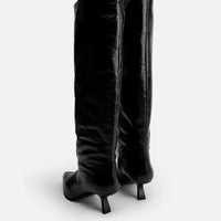 Auree Black Crinkled Glossy Leather Knee-High Boots – Back View – POEVE Collection