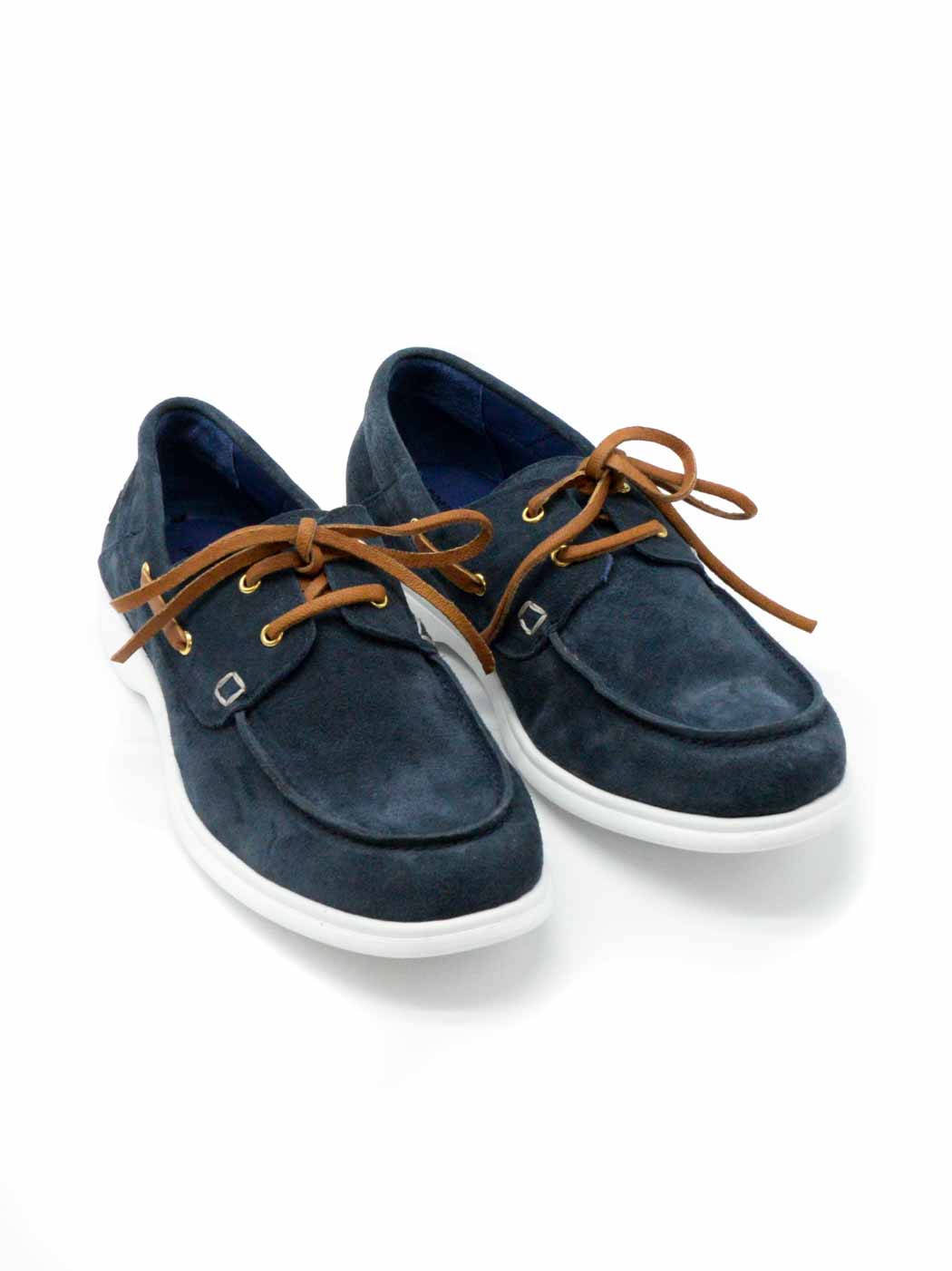 Albert Blue Crust Leather Lace-up Boat Shoes - Angled Side View - POEVE Collection