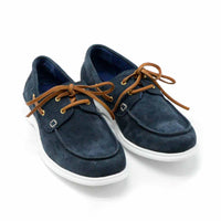 Albert Blue Crust Leather Lace-up Boat Shoes - Angled Side View - POEVE Collection