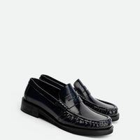 Leona Blue Brushed Leather Loafer – Angled Side View – POEVE Collection