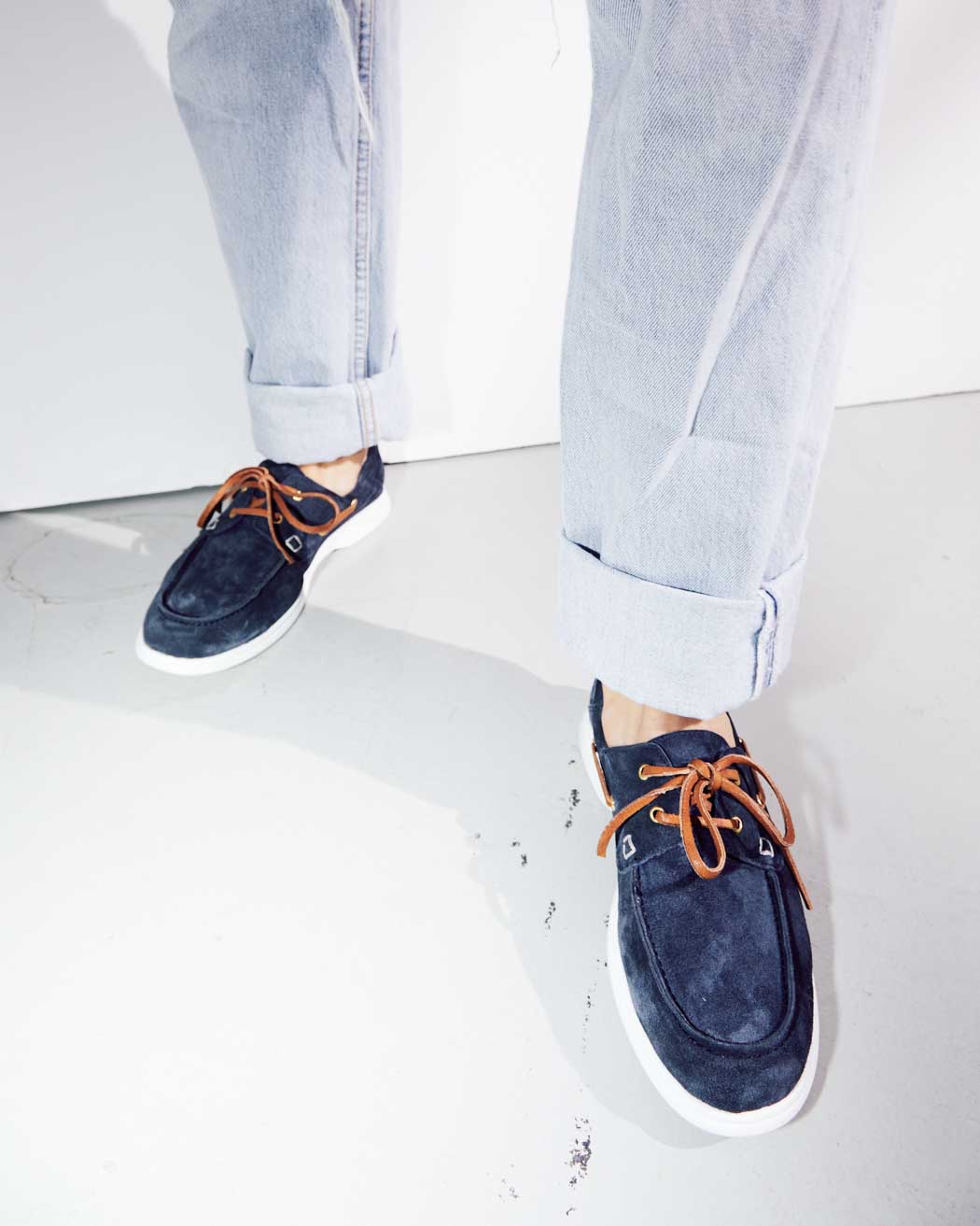 Albert Blue Crust Leather Lace-up Boat Shoes, styled with cuffed light-wash denim - POEVE Collection