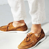 Albert Brown Crust Leather Lace-up Boat Shoes, styled with cropped white trousers - POEVE Collection