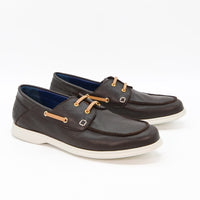 Albert Brown Leather Lace-up Boat Shoes - Angled Side View - POEVE Collection