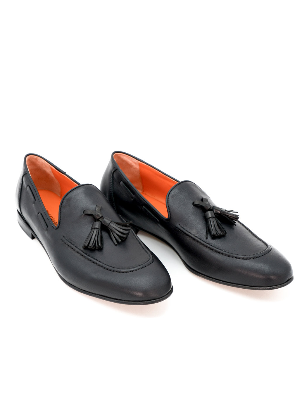 Axel Black Leather Loafers with Leather Tassels - Angled Side View - POEVE Collection