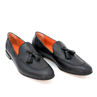 Axel Black Leather Loafers with Leather Tassels - Angled Side View - POEVE Collection