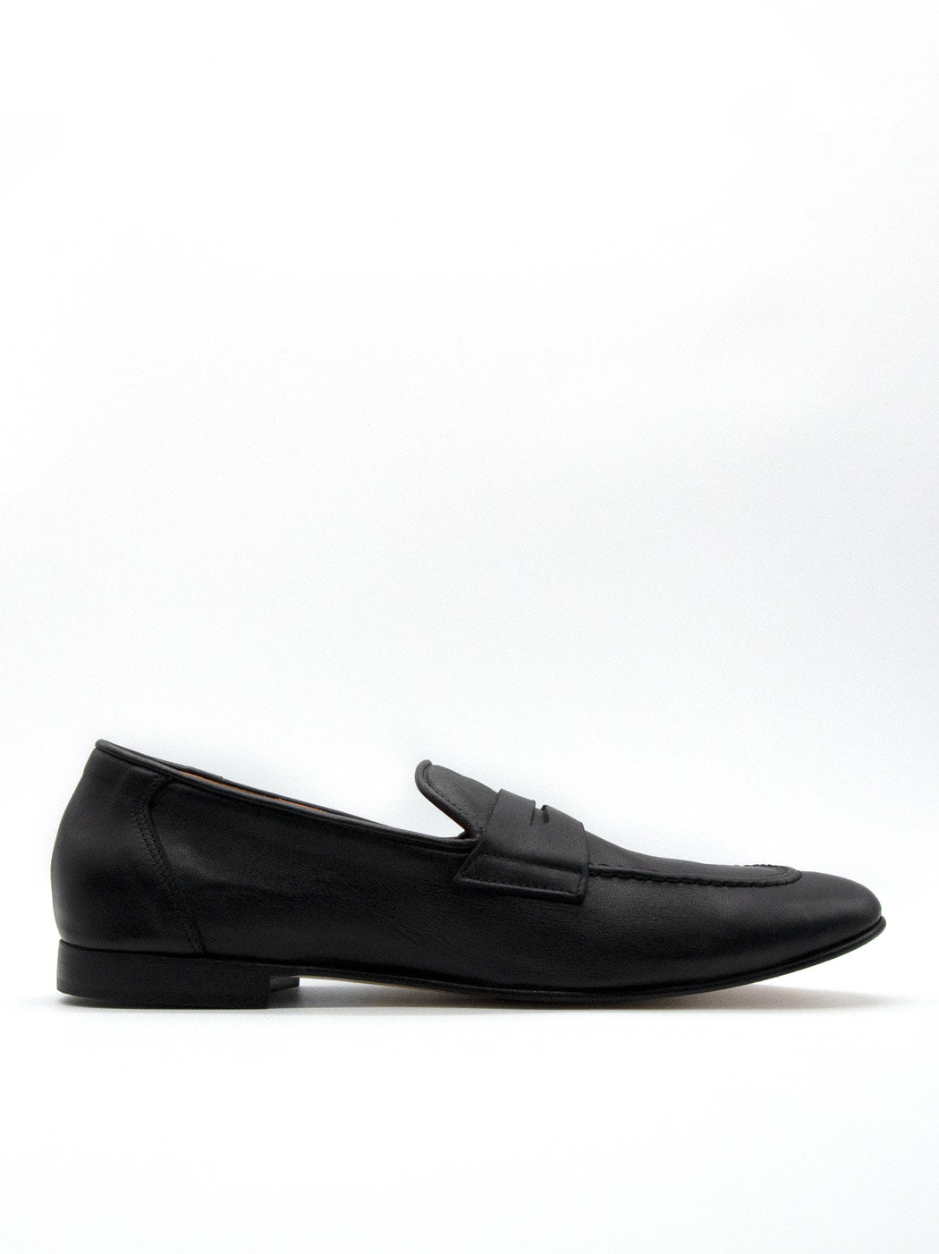 Oscar Black Leather Penny Loafers - Side View - POEVE Collection
