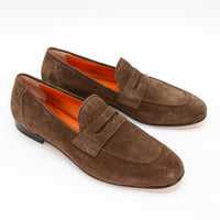 Oscar Brown Crust Leather Penny Loafers - Three-Quarters View - POEVE Collection