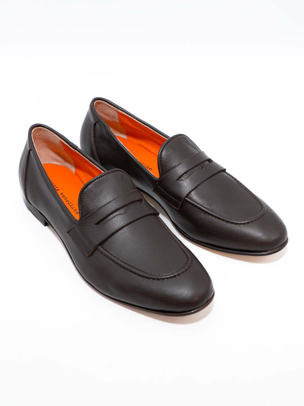 Oscar Brown Leather Penny Loafers - Three-Quarters View - POEVE Collection