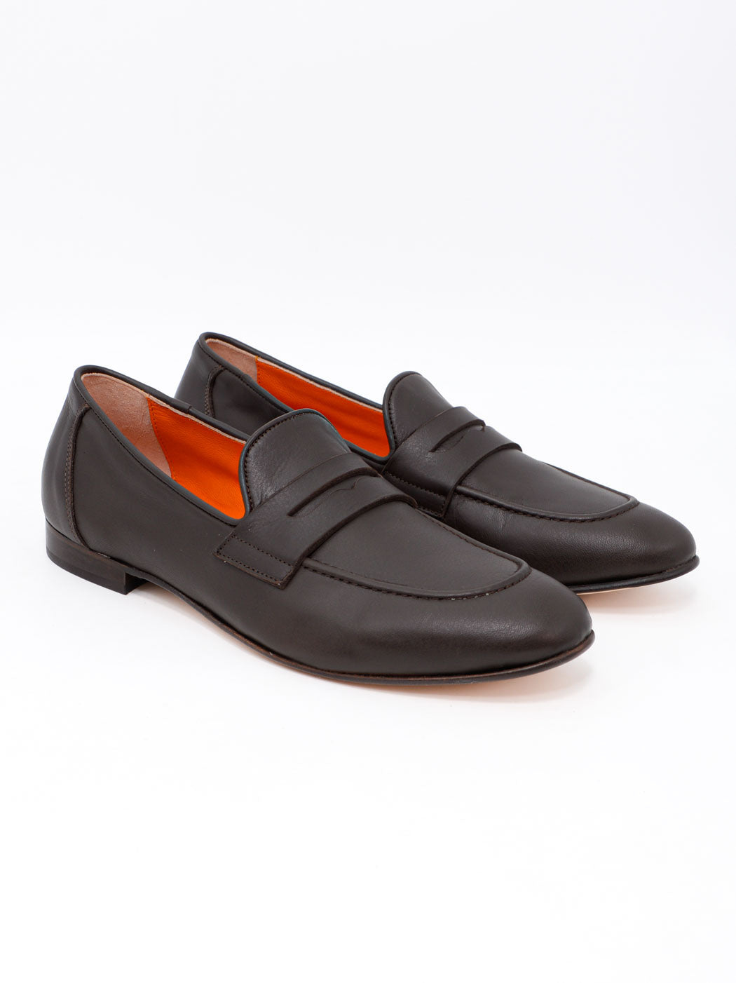 Oscar Brown Leather Penny Loafers - Angled Side View - POEVE Collection