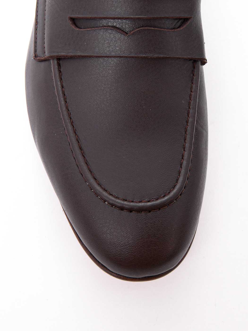 Oscar Brown Leather Penny Loafers - Toe Close-up View - POEVE Collection