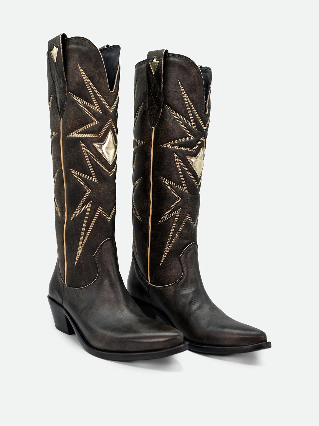 Jolene Vintage Brown Leather Tall Boots - Angled View - POEVE Collection