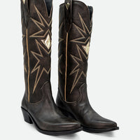 Jolene Vintage Brown Leather Tall Boots - Angled View - POEVE Collection