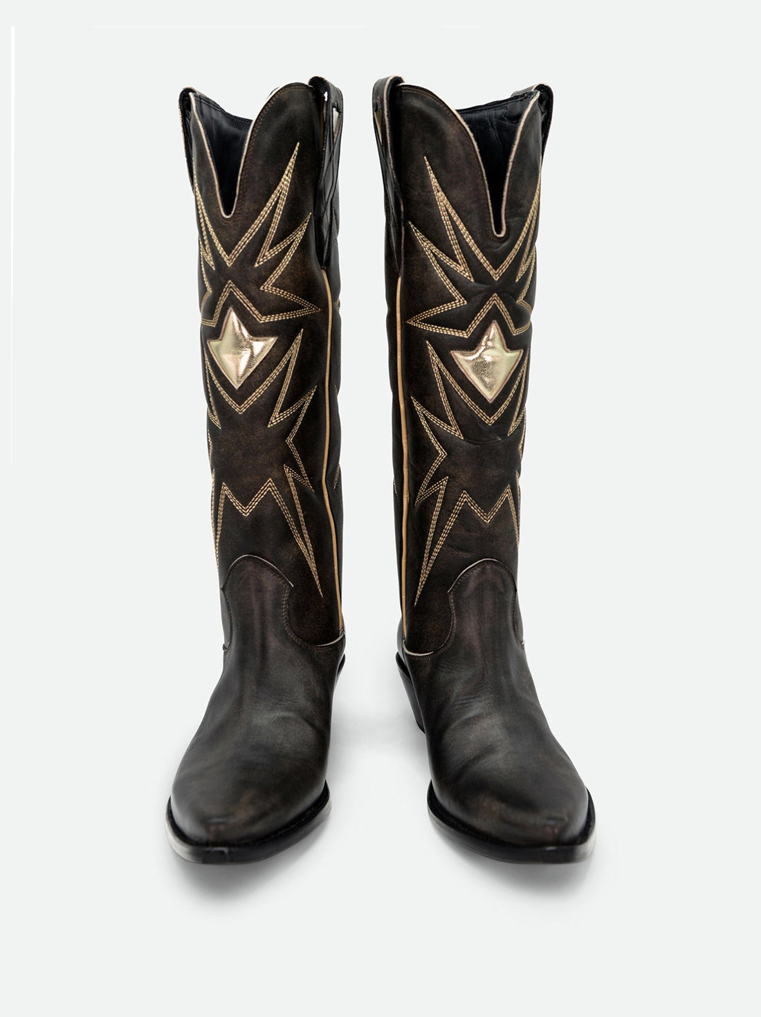Jolene Vintage Brown Leather Tall Boots - Front View - POEVE Collection